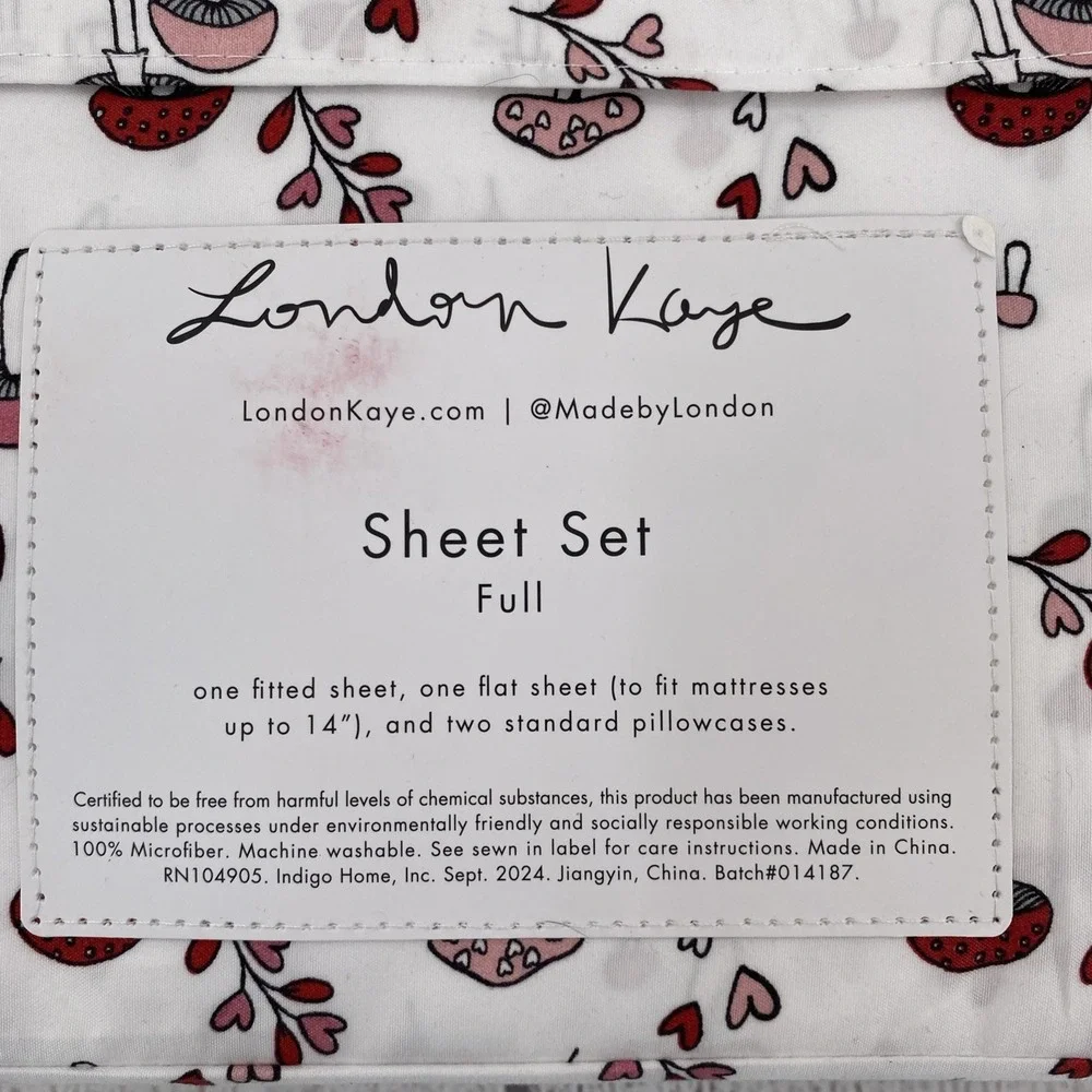 London Kaye Sheet Set FULL White Pink Red Hearts Mushrooms Cottagecore Whimsical